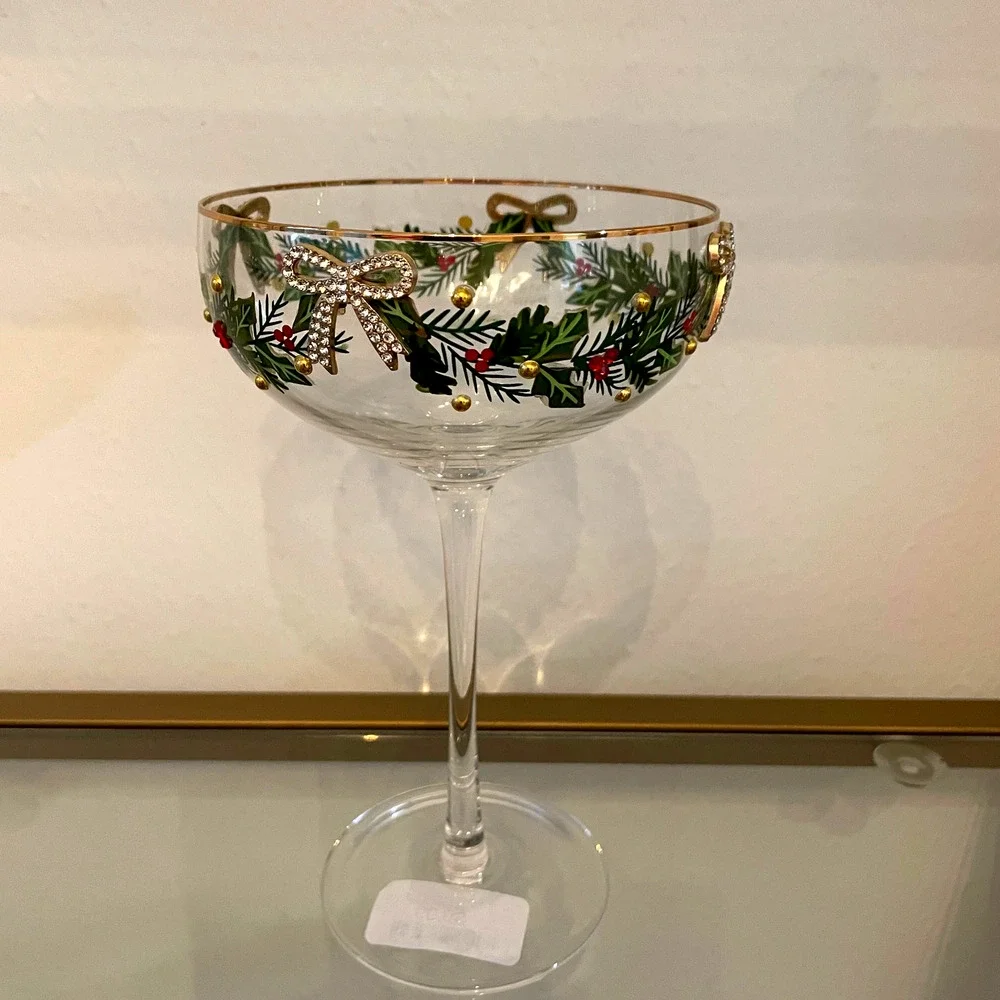 Christmas COUPE GLASSES Hand Painted & Jeweled Gold Bows Holly Garland Set of 2
